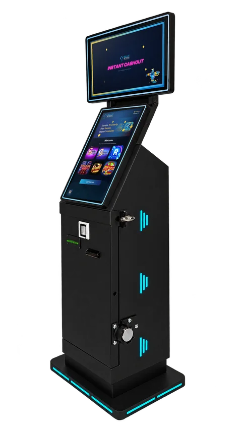 Three-quarter view - dual screens and the cyan-lit cabinet