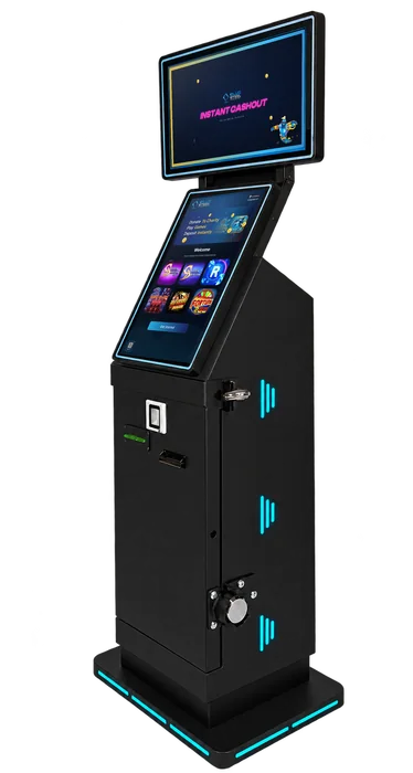 The Blue Steel Kiosk from an angle: the dual touchscreens running BSK Express software, the bill acceptor, card reader and cyan-lit steel cabinet