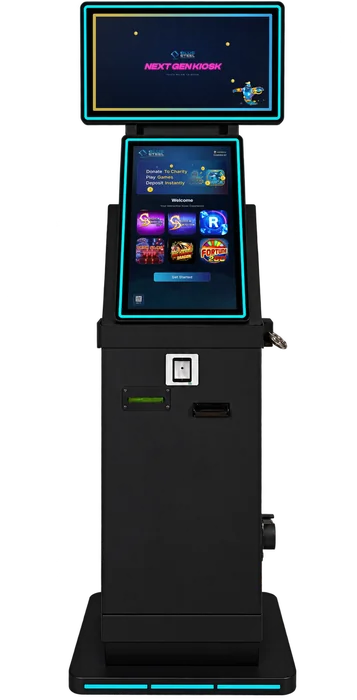 The Blue Steel Kiosk: a dual-screen black steel kiosk with cyan trim, its touchscreens showing the BSK Express software