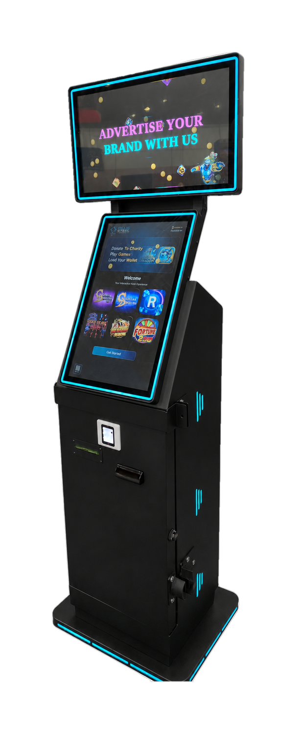 A Blue Steel Kiosk - dual touchscreens running the live game menu, wrapped in the brand's signature cyan trim lighting.